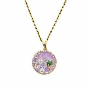 Purple Enamel Flower Pendant Necklace w/ Pearl Accents and Rhinestones